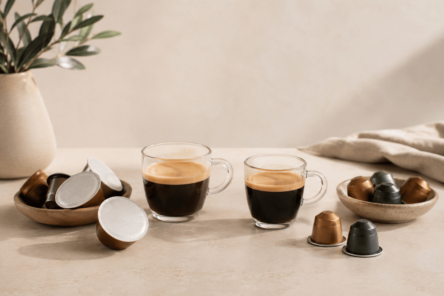 Кафе капсули Dolce Gusto и Nespresso върху дървена маса